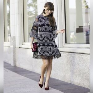 ALEXIS KARINA FLORAL SOUTACHE EMBROIDERED BELL SLEEVE FIT & FLARE DRESS